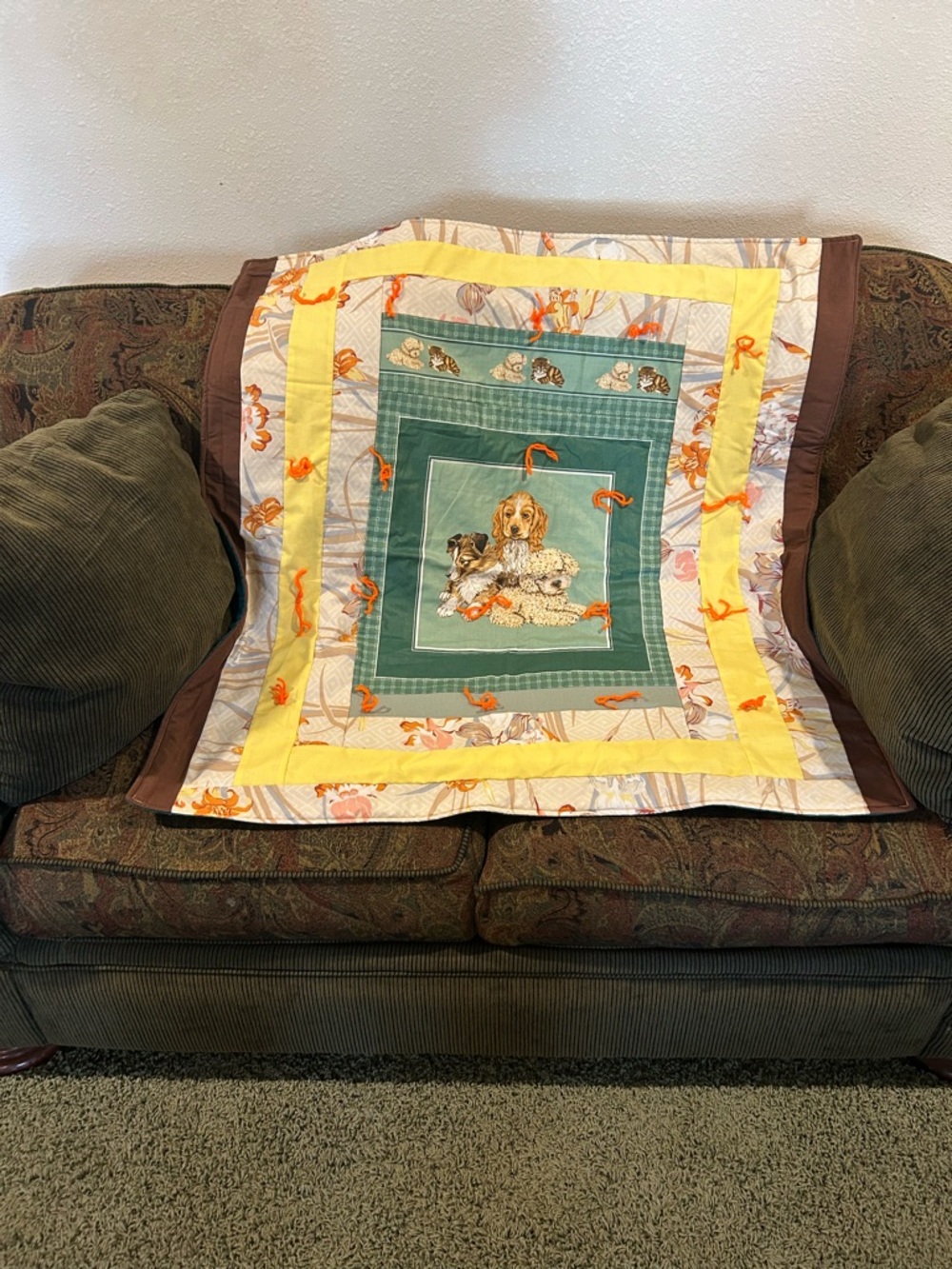Handmade Yellow & Green Dog Patchwork Throw Blanket